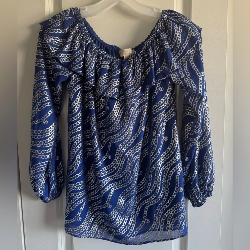 Michael Kors Royal Blue Off-Shoulder Ruffle Blouse with White Wave Print